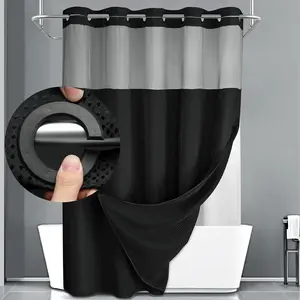 Super Category 3-Color Hookless Buttoned Lined Shower Curtain — Gray, Black, Green; Double Layer Shower Curtain — Waterproof Fabric Lining; White Washable Fabric Shower Curtain; 72 x 75 inches Shower Cut