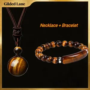 Tiger Eye Bracelet&necklace, Set of 2 Natural Tiger Eye Necklace Bracelet Adjustable Braided Rope Natural Stone Pendant Natural Stone Bracelet For Men  Woman Valentine's Day Birthday Gift