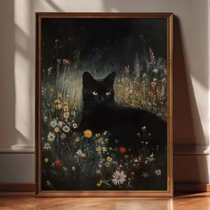 Moody Cottagecore Cat Wall Art, Dark Academia Nature Print, Gothic Vintage Style Home Decor for Cat Lovers, 5 Size, 8x12 to 27x40 inch, Room Decor, Unframed