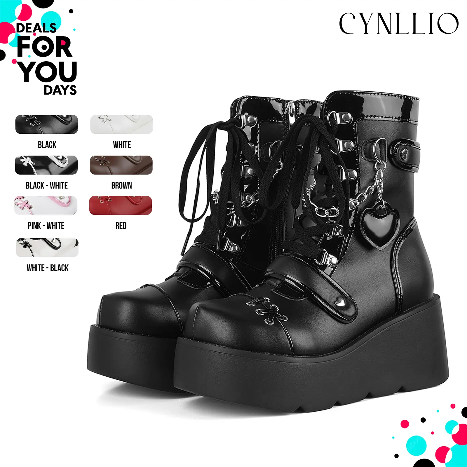 CYNLLIO Womens Round Toe Platform Wedge Lace Up Chain Platform Heel Zipper Goth Patent Combat Boots Casual Party Fashionabl Punk Strappy  Platform  Ankle Boots Deals For You Days