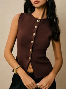 Women's Plain Round Neck Single Button Slim Fit French Elegant Commuter Versatile Sleeveless Knit Vest Cardigan, All Seasons