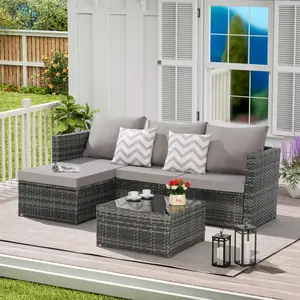 5 Pieces Outdoor Patio Furniture Set All-Weather Wicker Sectional Conversation Sofa Rattan Patio Seating Sofa with Cushion and Glass Table and Ottoman for Porch Poolside Backyard Porch,Gray