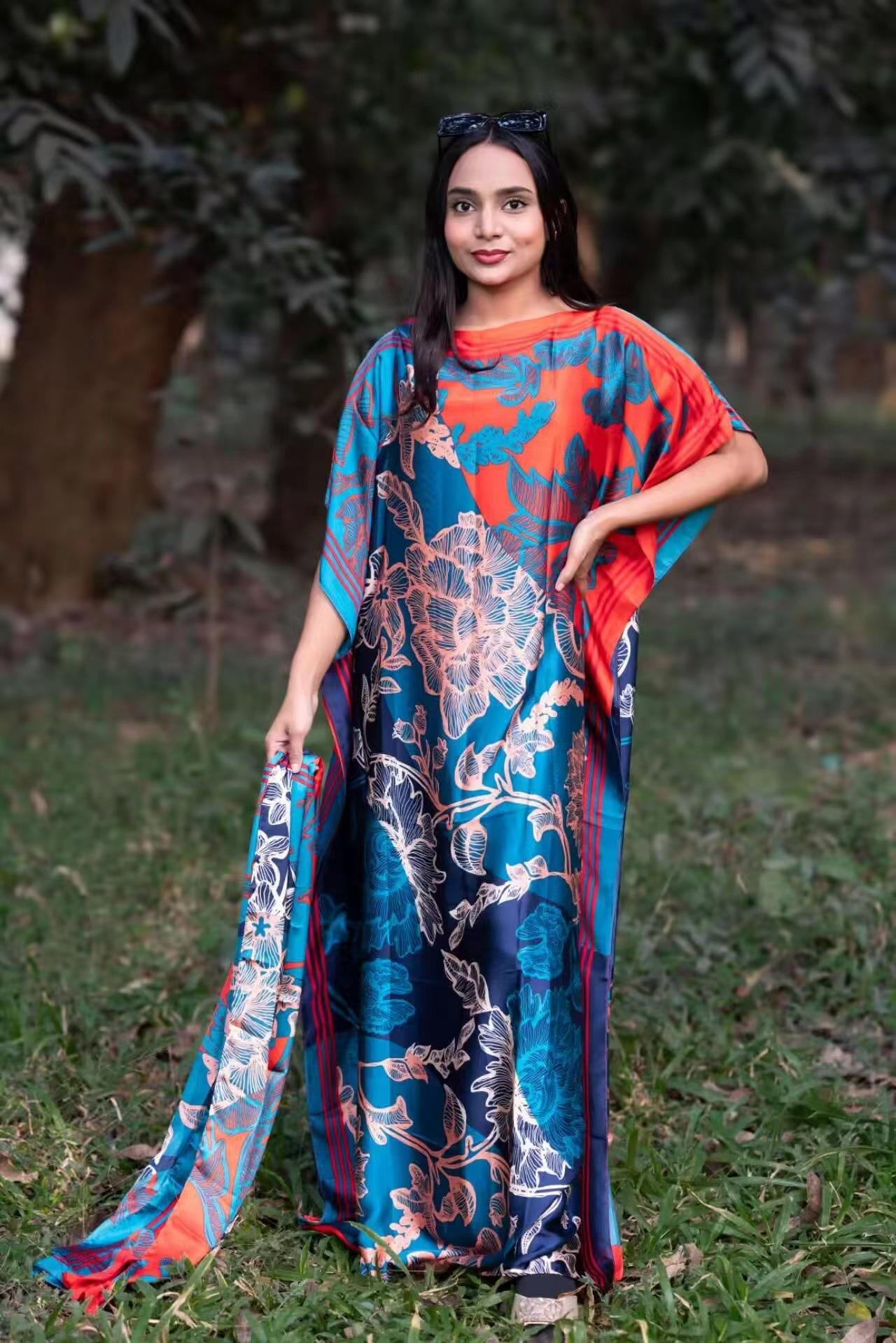 Women's 2-Piece Boho Floral Print Long Dress & Scarf Set, Casual Beach Vacation Wear, All-Season Shawl Accessory Set