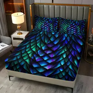 Fantasy Theme Dragon Scale Print Fitted Sheet Set, Includes 1 Fitted Sheet and 2 Coreless Pillowcases, Breathable Comfort Durable Skin-Friendly Anti-Wrinkle Design, Boys and Teens Bedroom Decor, Bed Sheets Set