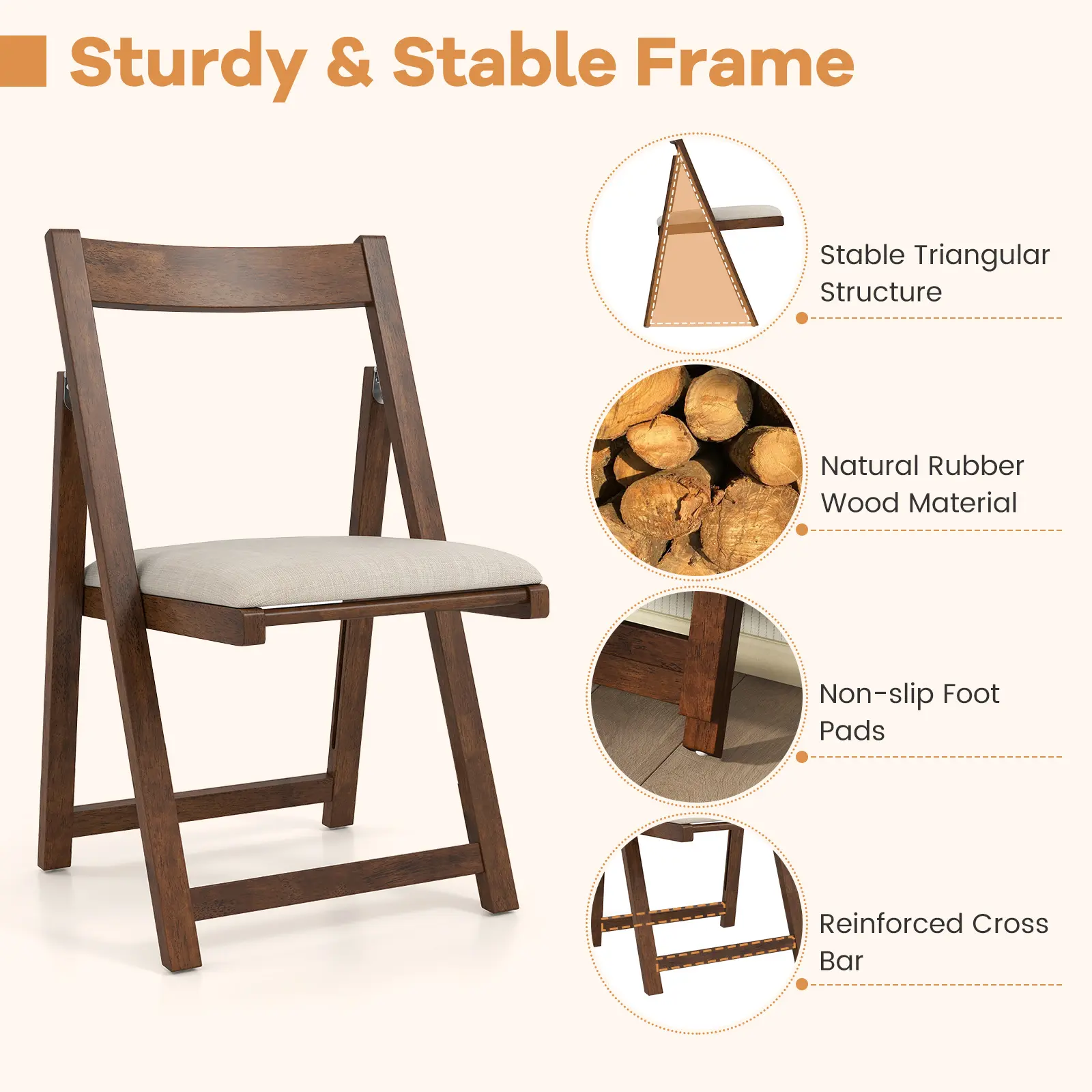 COSTWAY - Folding Upholstered Dining Chair Set of 4 with Curved Backrest-Walnut