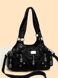 New Vintage Washed Soft Leather Large Capacity Shoulder Crossbody Bag, Colorblock Design, Adjustable Strap, Multifunctional Tote Bag, Aesthetic Shoulder Handbag, Crossbody Shoulder Bags
