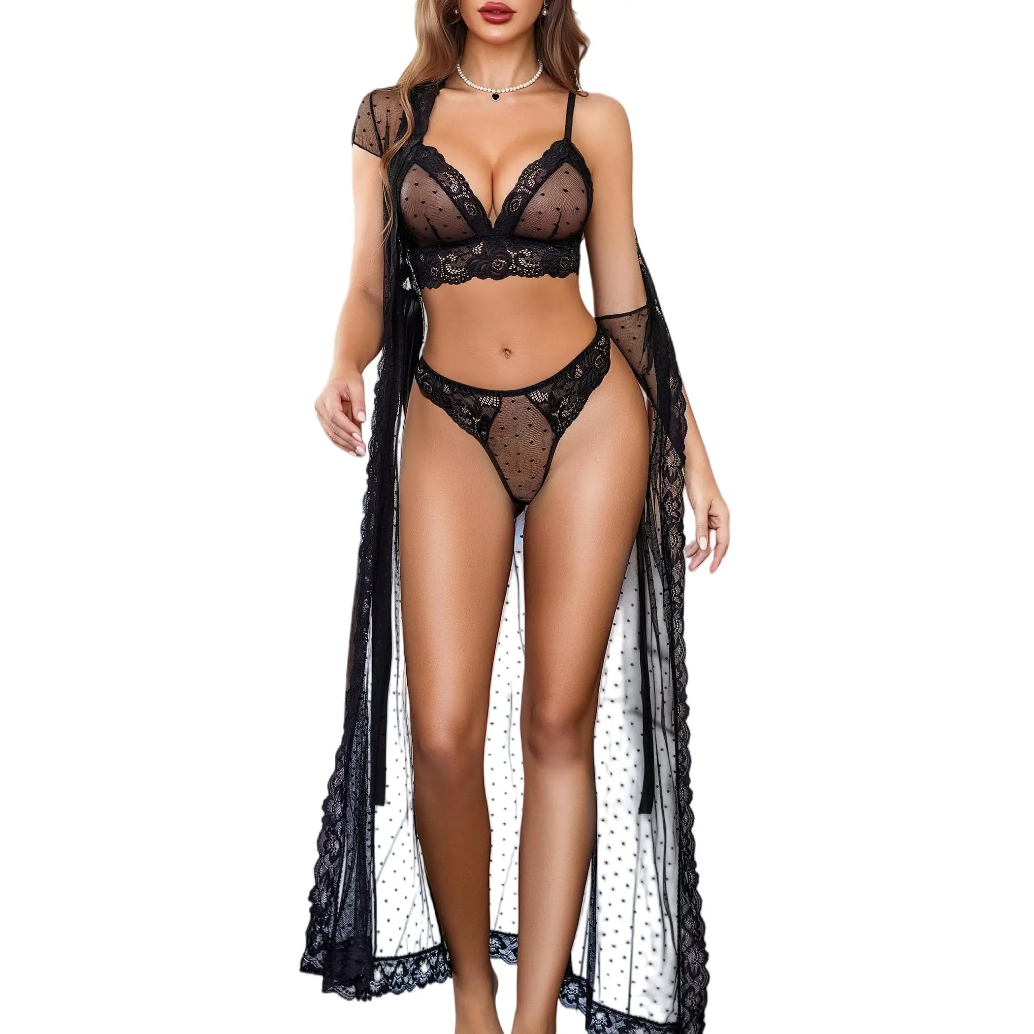 Avidlove Women Valentine's Lingerie 3 Piece Set Sheer Polka Dot Lace Robe with Bra and Panty