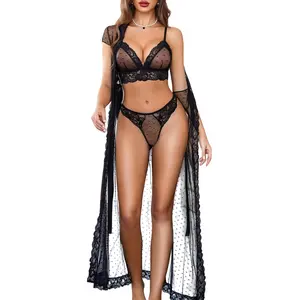 Avidlove Women Valentine's Lingerie 3 Piece Set Sheer Polka Dot Lace Robe with Bra and Panty