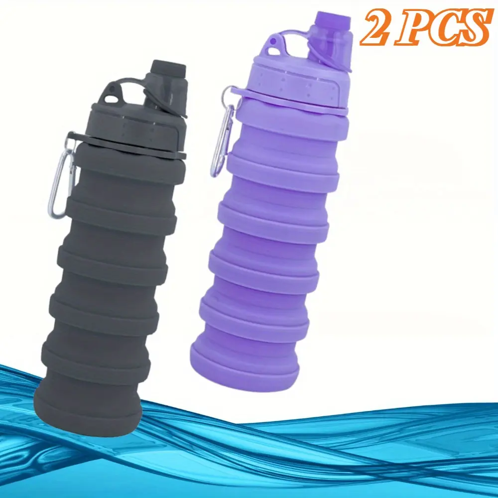 2pcs Collapsible Silicone Portable Water Bottle with mountaineering Buckle 500ml silicone Water-proof camping