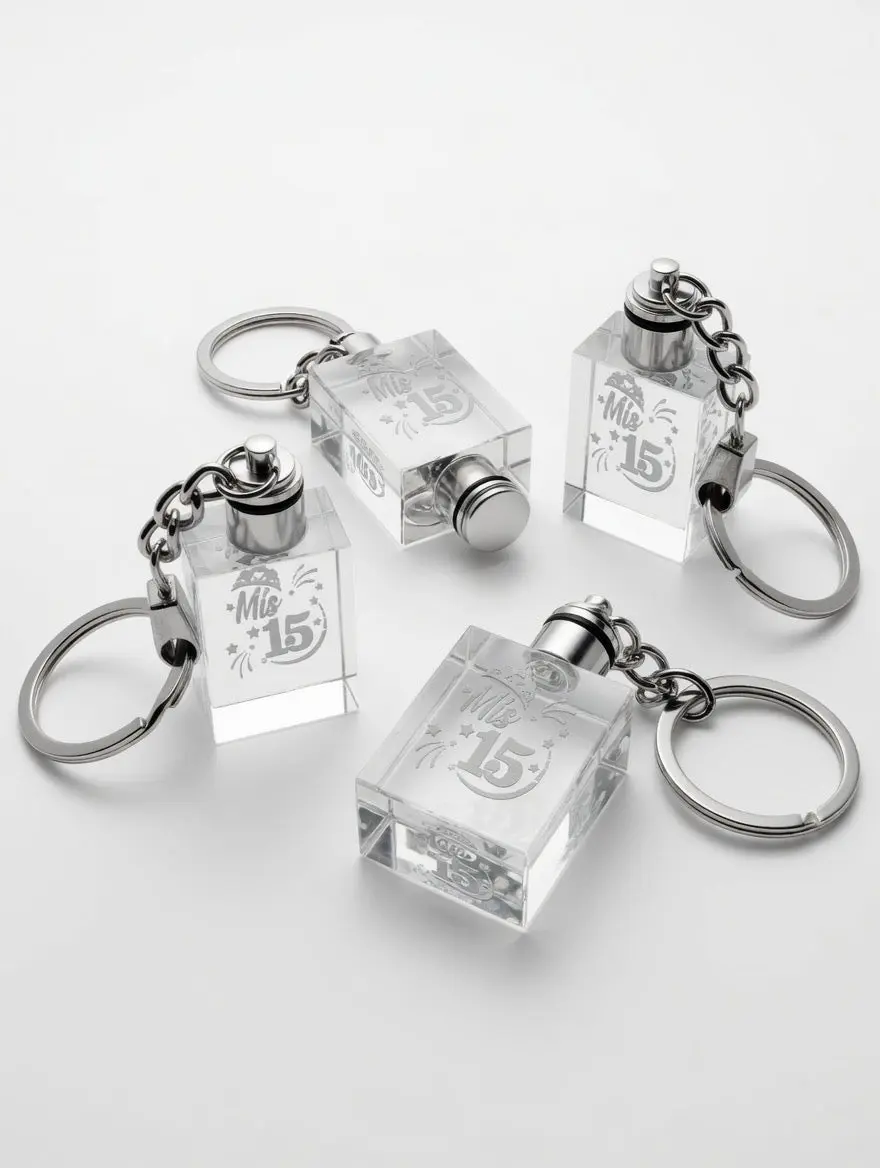 12 piece Personalized Crystal Keychain - Mis 15 Quinceañera / Sweet 15 / Sweet 16 / Communion / Baptism(Bautizo) / Anniversary / Wedding(Boda) | Custom Quinceañera Christening Gift | Rectangular Crystal Keychain