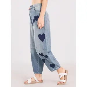 Women’s Fashionable Wide-Leg Pants, Bucket-Shaped Loose Jeans, Heart-Shaped Printed Cropped Pants — Women’s Bottoms