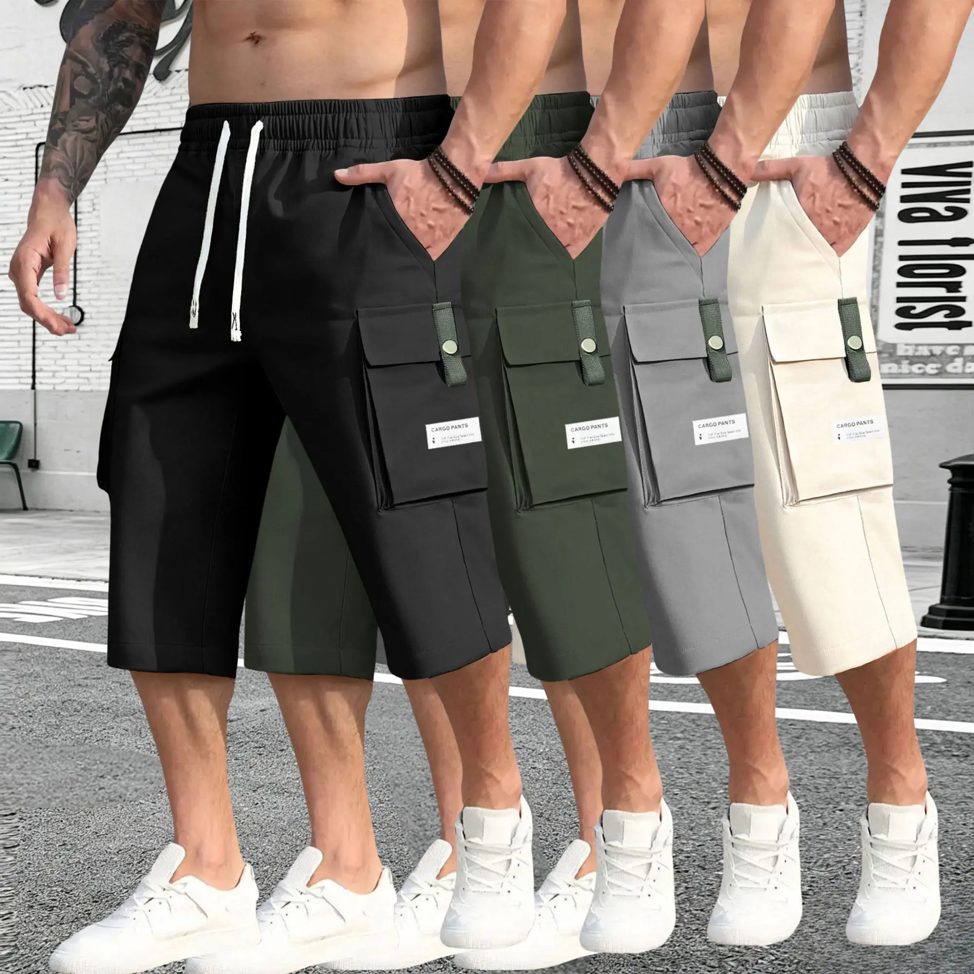 Men’s cargo 3/4 pants, 1 pack — straight-leg, multi-pocket casual mid-length trousers with drawstring elastic waistband; versatile, trendy men’s 3/4 pants