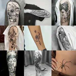 A Set of 9 Large Temporary Tattoo Stickers, Mainly Designed with Herbal Design, Including: Boat, Mexican Style Letters, Geisha, Flowers, Compass, Nine-Tailed Fox, Devil, Koi and Spider Elements. The Duration Is 7-15 Days, Waterproof and Anti-Friction, the