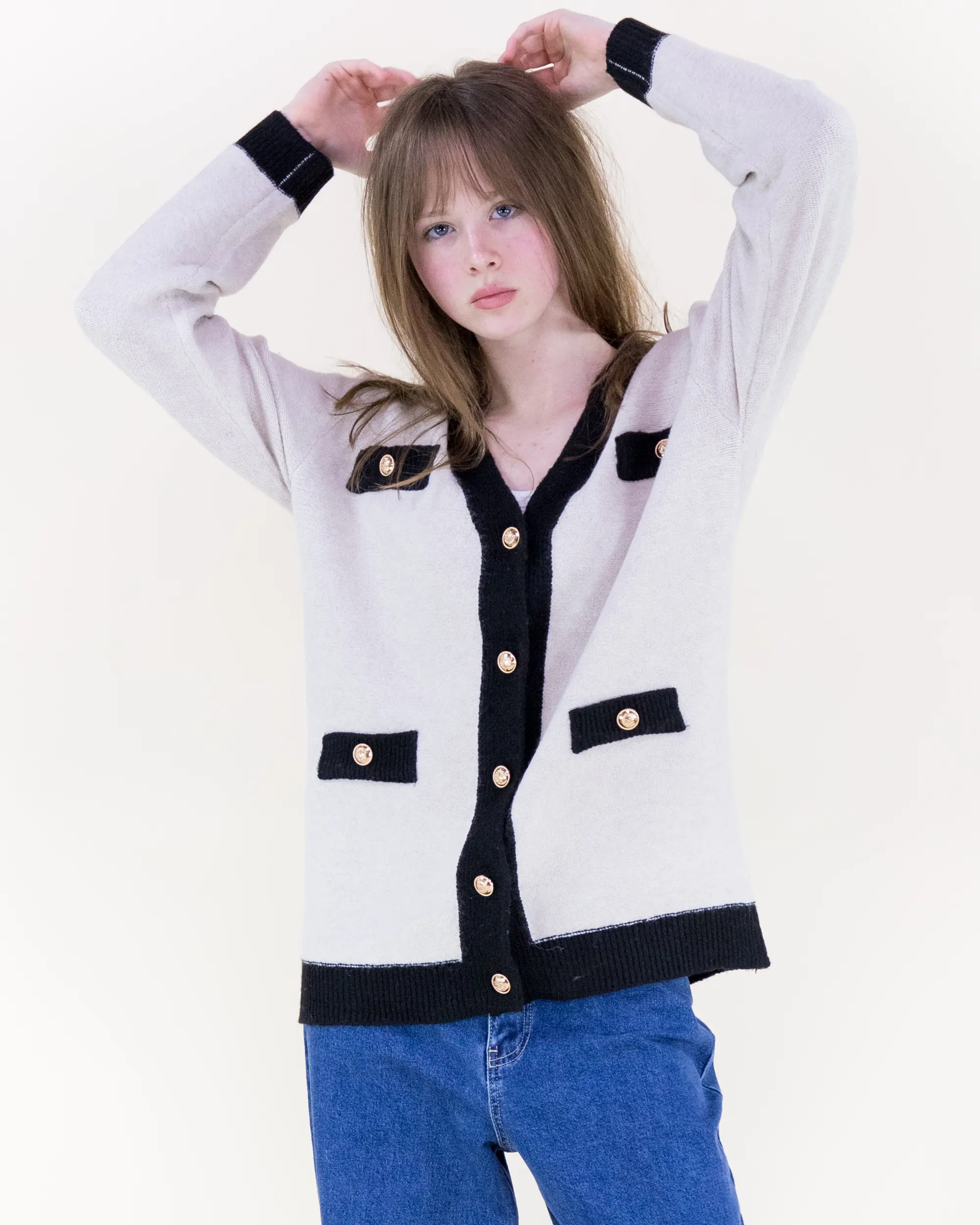 Women’s Color Blocked Four Patch Pocket Women’s Boxy Cardigan with Gold Button Detailing Knitwear Womenswear Tops Knitting