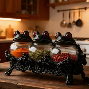 Handcrafted Witchy Frog Spice Jars 3 Piece Set Vintage Gothic Jars with Frogs Lids Kitchen Glass Storage Seasoning Containers Deco for Salt Pepper Herbs Tea Leaves