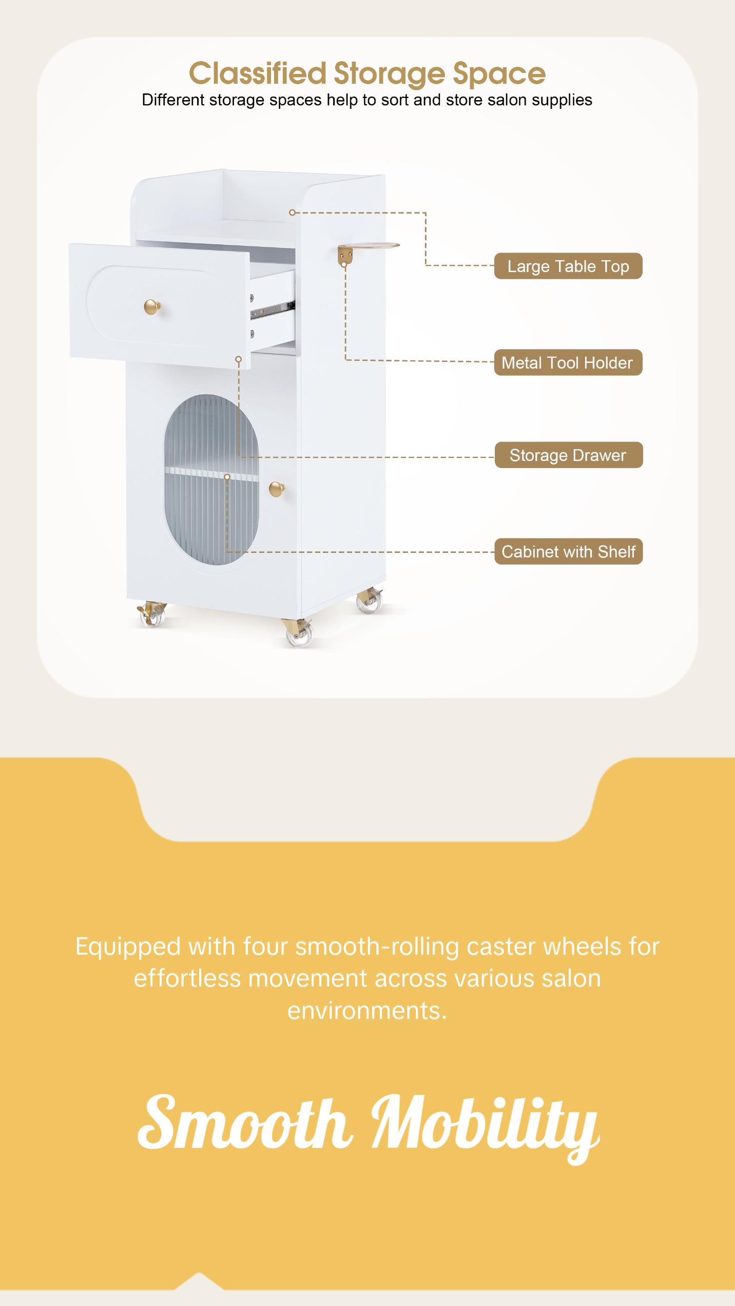 BarberPub Salon Rolling Trolley Cart with Oval Window, Barber Styling Cart with White Paint Finish 2498