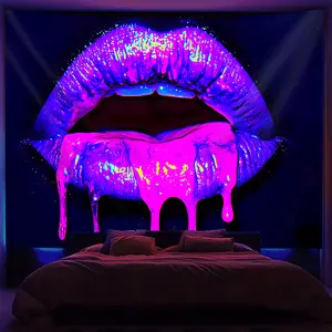 1pc Glow in the Dark Lips Tapestry - UV-Reactive Fluorescent Print Large Peach Beige Wall Hanging, Wrinkle-Resistant Peach Light Beige Fabric with Hand-Stitched Edges for Bedroom, Party & Festival Decor - No Installation Indoor Wall Art with Free Hanging