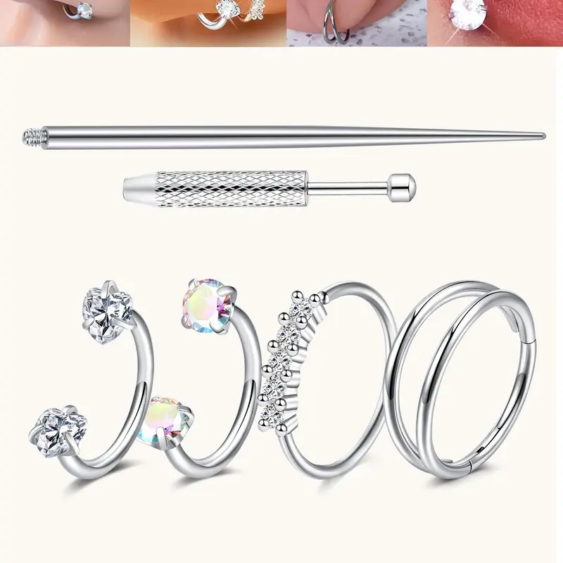 6 Piece Cz Stainless Steel Horseshoe Nose Rings, Nose Piercing Jewelry, Heart Cz Design, 8mm Inner Threaded Hoop Earrings, Suitable for Cartilage, Tragus, Lip Piercings, Body Piercing Jewelry