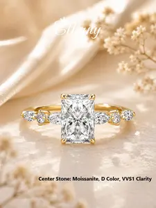 Effinny Synthetic Lab Created Moissanite 3.5 Carat Excellent Radiant Cut 14K Golden Plated Engagement Ring, D Color VVS1 Promise Travel-friendly Jewelry for Women, Female