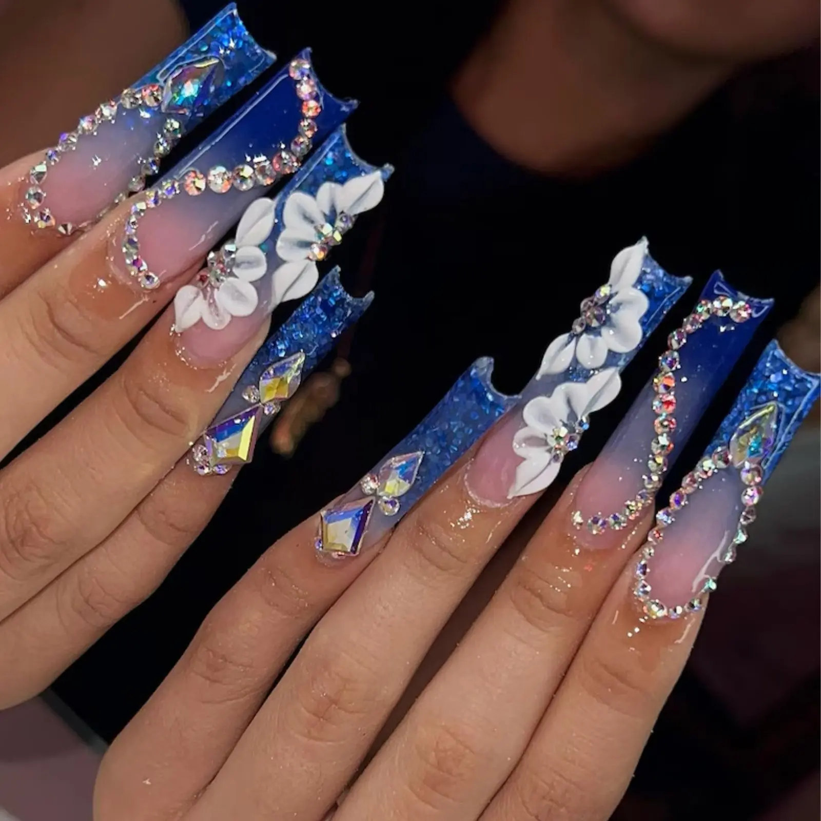 Royal Blue Rhinestone Press-On Nails | Long Coffin 3D Flower Handmade Luxury Fake Nails