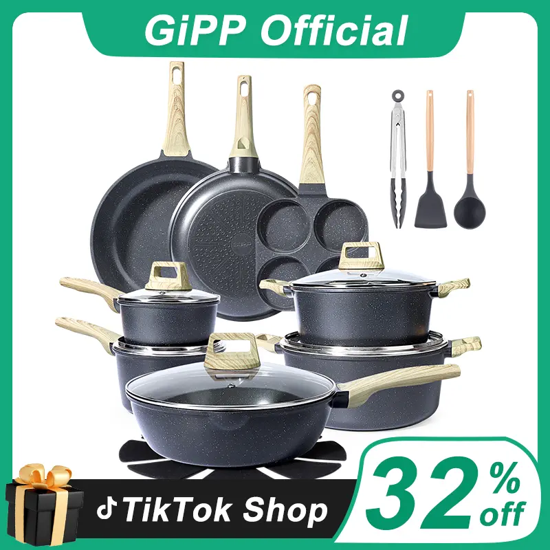 [Official] GiPP 22 PCS Pots and Pans Set Non Stick - Nonstick Cookware Set, Non-Toxic Healthy Kitchen Cooking Set w/Frying Pans Set,PFAS PTFE PFOA PFOS Free, TikTok Shop Deal, SpringTok