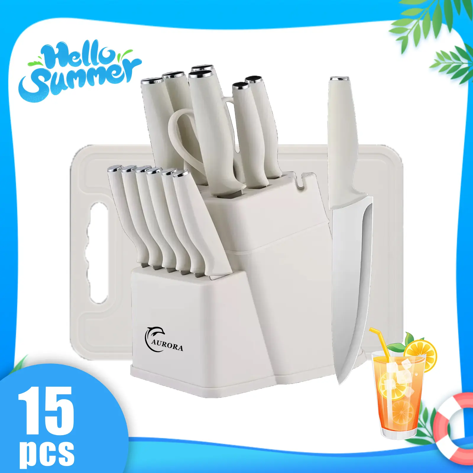 15-Piece Stainless Steel Kitchen Knives & Cutlery Set with Knife Block, Cutter, Sharpener, Scissors & Silicone Utensils - All-in-1 Kitchenware Cutting & Storage Solution for Modern Homes