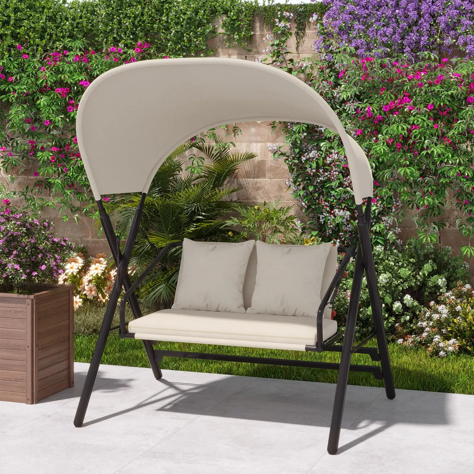 Outdoor 2-Seat Porch Swing for Adults, 600LBS Load Capacity, Canopy Swing with Stand, Thick Cushions & Pillows, Sturdy Steel Frame, Perfect for Garden, Yard, Deck, Poolside, Easy Installation