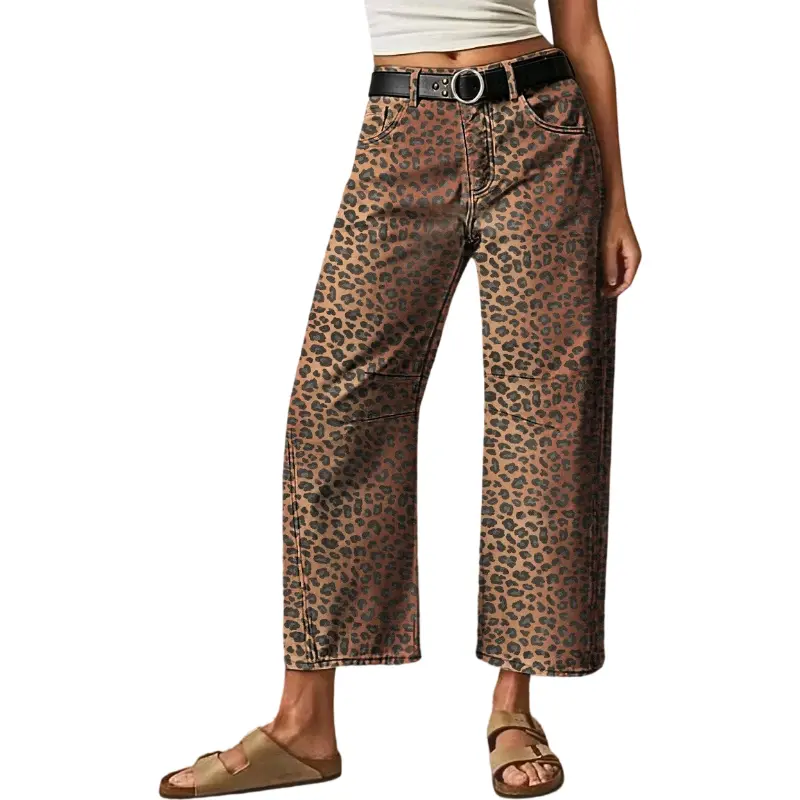 Flamingals Leopard Print Stitch Detail Mid Rise Barrel Leg Crop Pants Without Belt Stretchy 26.0'' Inseam