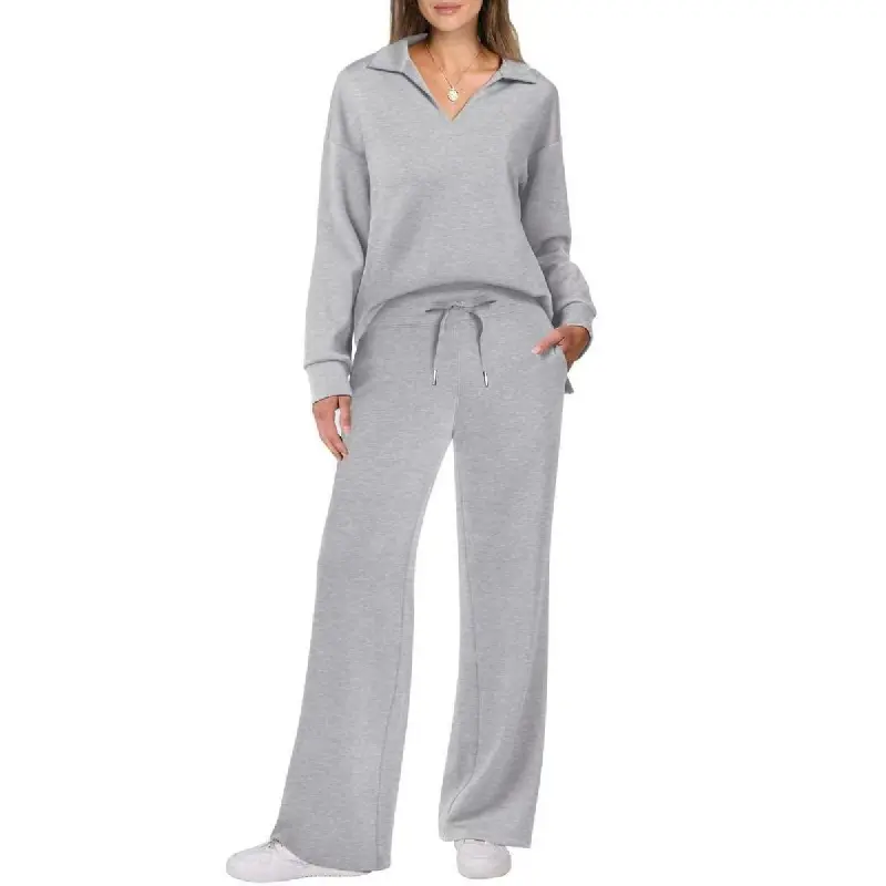 Women's Basic Pure Color Long-Sleeve Drawstring 2-Piece Pants Set - Casual Fall Winter Commuter Sports Clothes, Sports Clothing Set