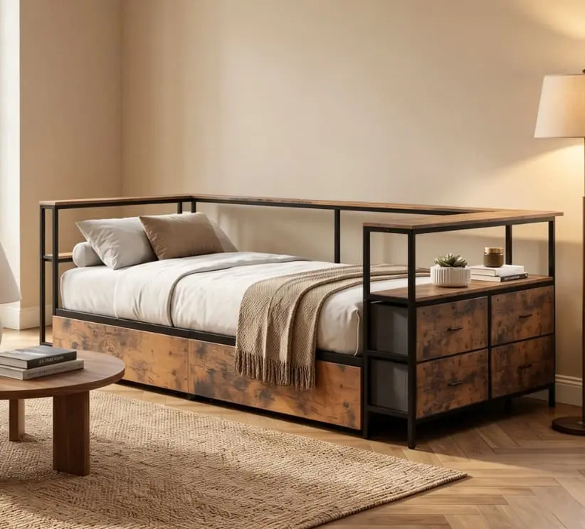 Twin Corner Bed Frame, Twin Size Metal Platform Bed Frames with Storage Drawers, Twin Size Daybed Bed Frame, Black