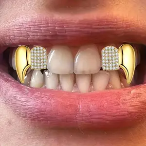 2pcs Hip Hop Double Paved Faceted Synthetic Zirconia Fang Teeth Grills, Punk Ste, 14K Gold Plated, Copper, for Halloween, Peonality Golden Teeth Accessories, Unisex  Oral