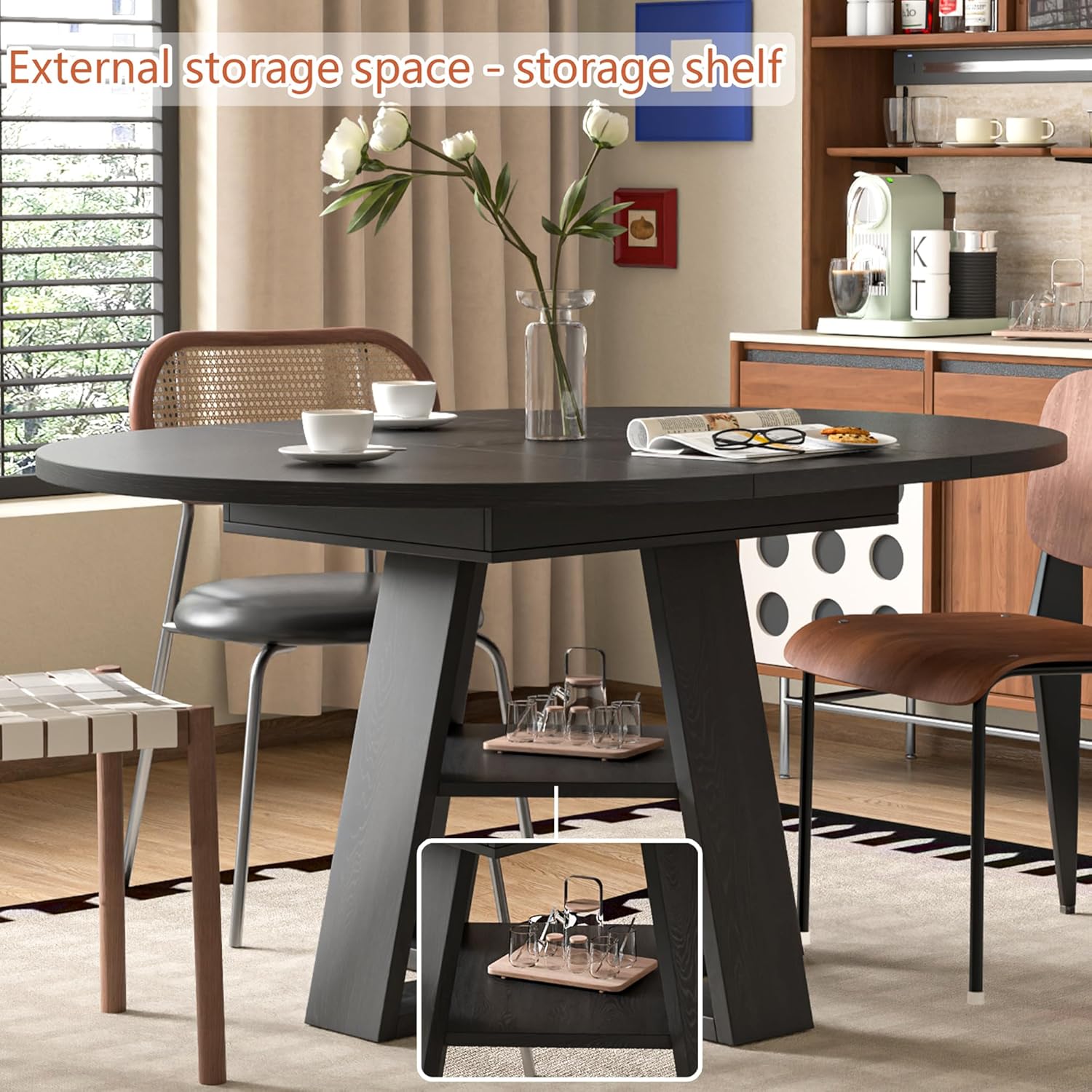 Extendable Round Dining Table for 4-8, Space Saving Kitchen Table with Storage Shelf, Modern Oval Expandable Table 300 lbs Capacity, Easy Assembly, Black