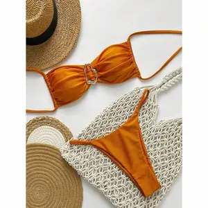 Women's 2-Piece Orange Halter Bikini Set - Quick-Drying Fabric Swimwear with Metal Detail, Adjustable Straps, Removable Padding; Includes Bright, Custom-Fit, Extra-Large, Feminine, Underwireless Bikini Bottoms for Teens, Bright Bikinis Bottoms, Custom-Fit