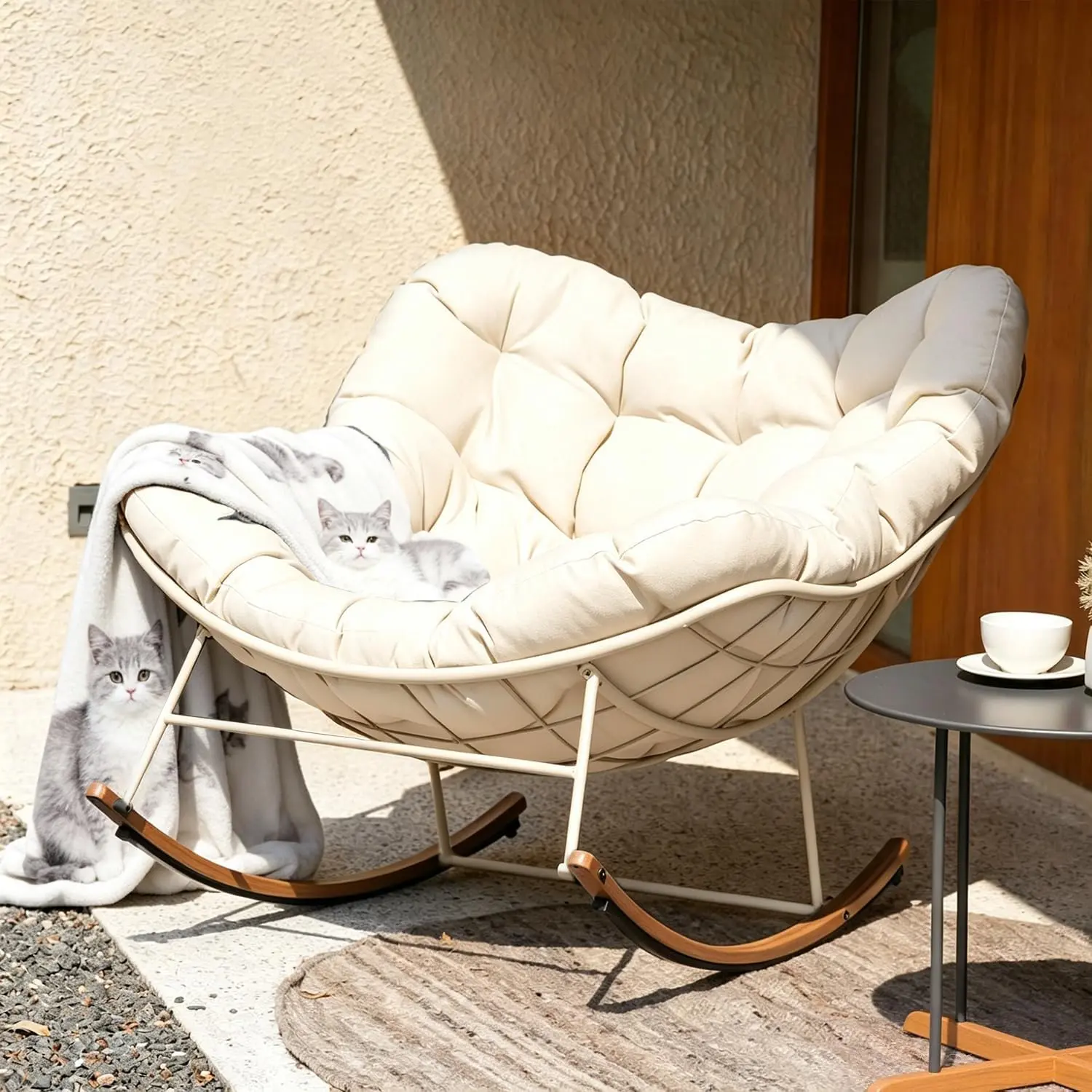 Extra-Large Outdoor Lazy Rocking Chair with Cushion, Oversized Papasan Rocker Chair, Patio Egg Chairs, Ergonomic Reading Chair, Indoor Outdoor Patio Furniture, Comfy Lounge Chairs for Living Room, Balcony, Garden, Lawn, Ideal Gift