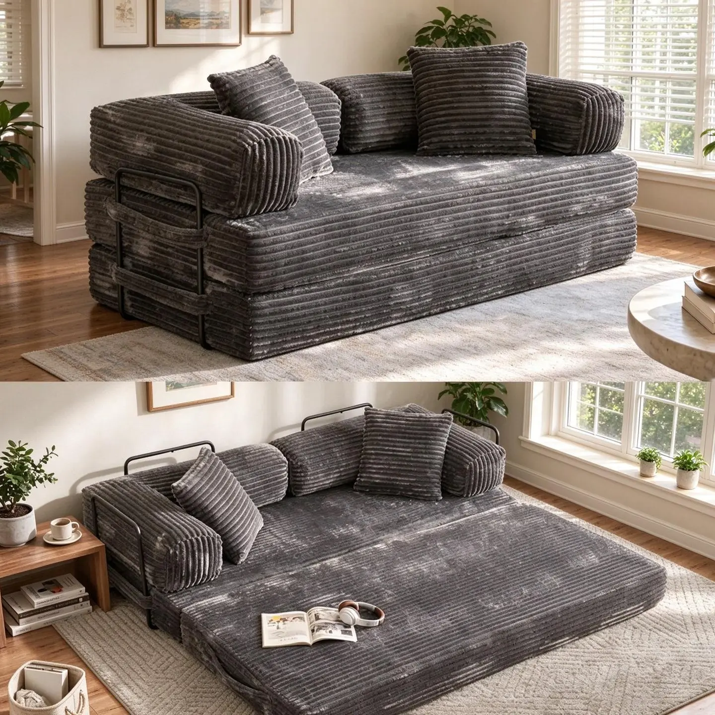 Large Soft 80"Oversized Boneless Couch, 5-in-1 Convertible Sleeper Sofa Bed, Deep Seat Corduroy Modular Floor Sofa, Foldable Pull-Out Couch for Living Room, Apartment,No Assembly Upholstered Sofa Couch