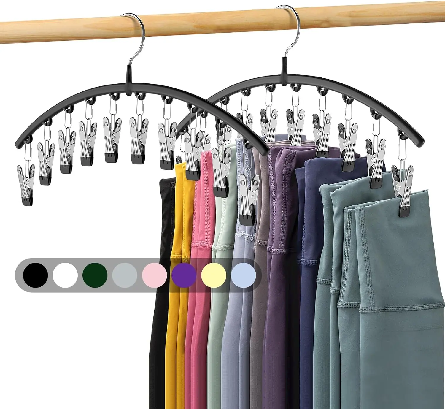 Curved Hanger Legging Organizer for Closet, Metal Yoga Pants Hangers 2 Pack w/10 Clips, Closet Organizer w/Rubber Coated Clips for Standard Leggings and Yoga Pants, Black"