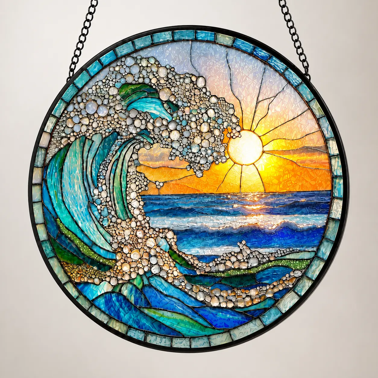 Stained Glass Wave Design with Sun and Ocean Motif, Round Shape, Decorative Wall Art for Home Decor