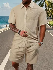 Two-piece Set Men's Gingham Print Short Sleeve Shirt & Drawstring Waist Shorts, Regular Fit Casual Button Up Top & Pocket Shorts, Men's Summer Clothes, Shortsleeve Menswear, Casual Lounge Set, Tropical Summer Clothing Set, Matching Clothing Set