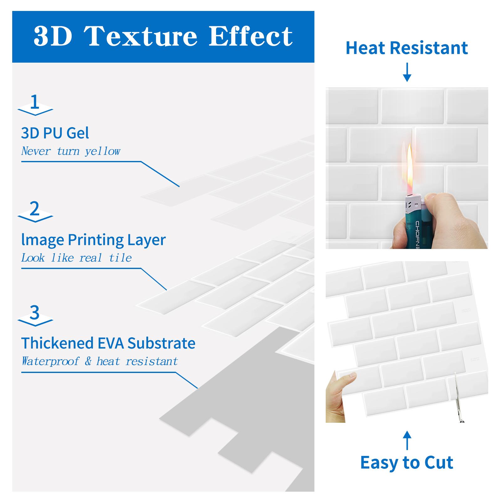 MOONFUN 12×12 in White Subway Style 3D Resin Plaid Peel and Stick Decorative Tile Stickers - Waterproof, Moisture-proof, Scratch-resistant, Durable Self-adhesive Tiles for Kitchen, Bathroom Backsplash Home Decor Walls, Tiles Sticker