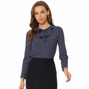 Allegra K Women's 1950s Vintage Ruffle Neck Long Sleeve Dots Chiffon Blouse X-Large Dark Blue-Dots