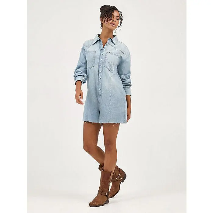 Wrangler Women's Denim Fitted Snap-Up Overalls - Short-Length, Long-Sleeve, Pearl Snaps, Chest Patch Pockets, Iconic W Stitch Details, Loose Casual Laidback Silhouette, Cotton Fabric