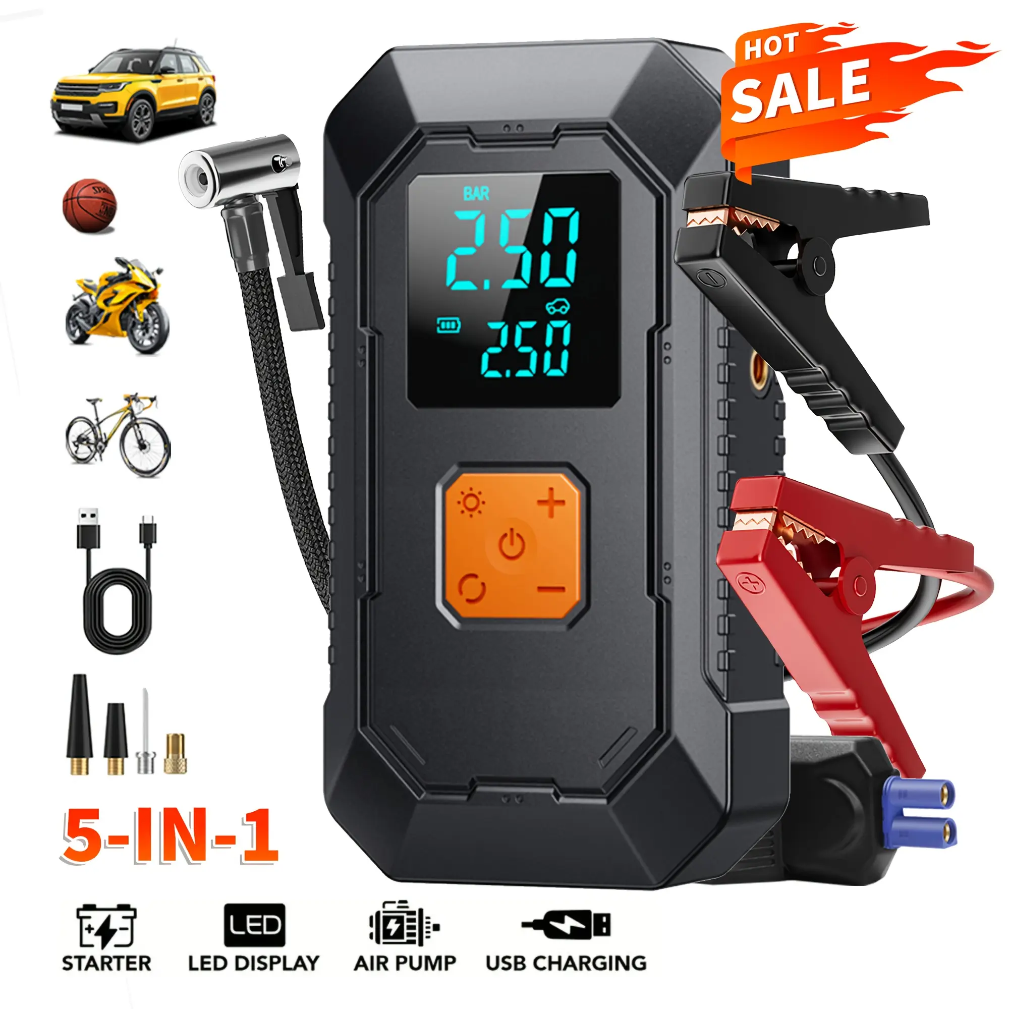 LEIBOO Jump Starter with Air Compressor, 3000A Peak Car Battery Jump Starter(9.0 Gas/8.0L Diesel), 160PSI 12V Jump Box Car Battery Jumper Starter Portable with Jumper Cables, LED Lights, LCD Display(CE, FCC Certification)