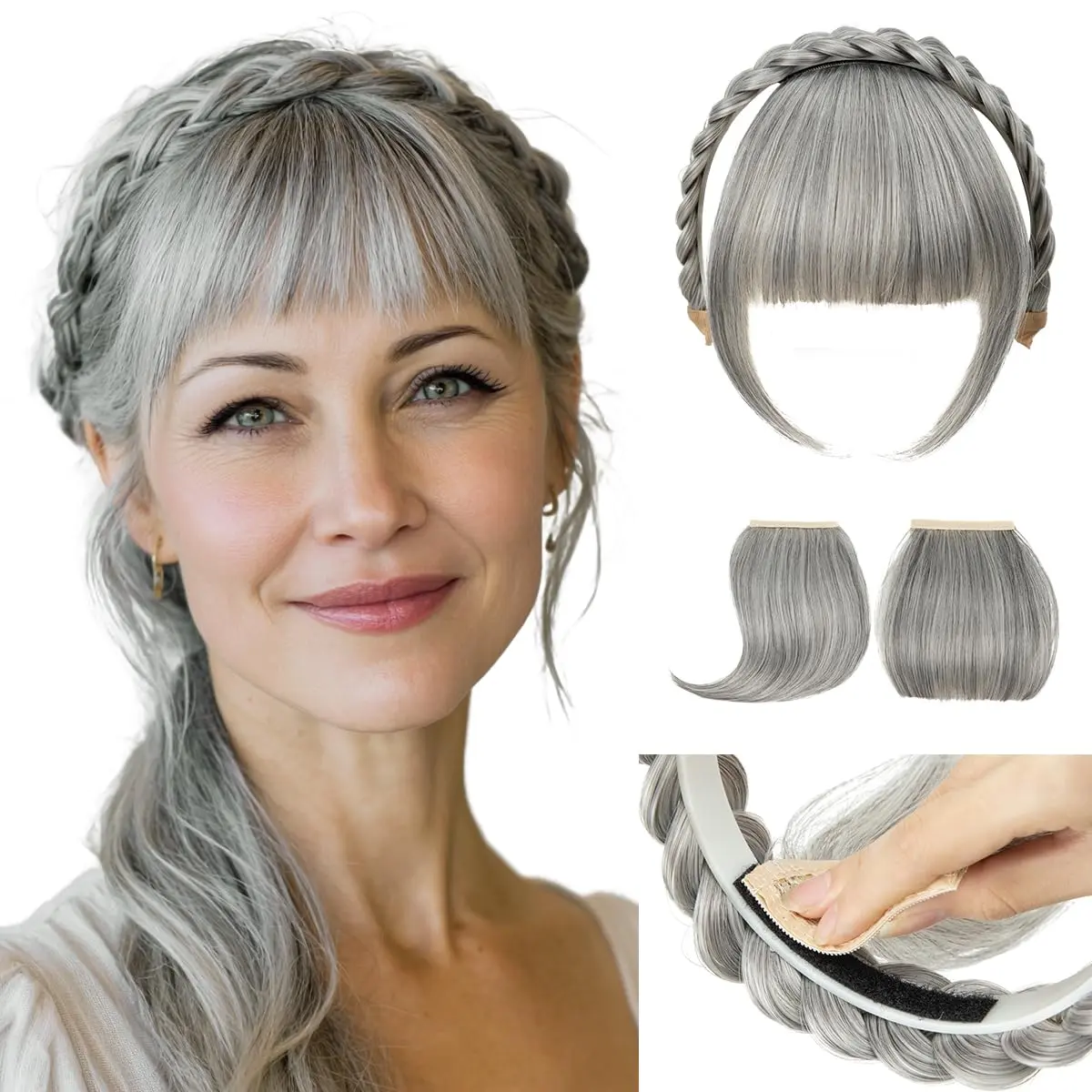 Women's Bohemian Braided Headband with 3 Detachable Clip-In Bangs Fringe Synthetic Hairpieces, Wedding Bridesmaids Travel Hair Accessory, Grey Multi