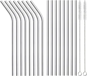 16 Pack of Reusable Stainless Steel Metal Straws, 8 Straight + 8 Bent 8.5 inch Metal Straws with 2 Cleaning Brushes, Straw Compatible with 20oz Stanley Cup