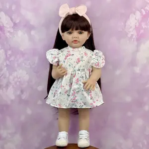 TopLink Full Vinyl Body Reborn Baby Doll Toy For Girl 55 CM Dress Up Brown Black Long Hair Princess Toddler Babies Doll Lovely Birthday Gift Bath Toy