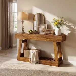 60" Farmhouse Console Table with Drawer and Bottom Shelf, Rustic Entryway Sofa Table for Hallway Living Room