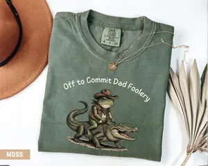Comfort Colors Off To Commit Dad Foolery T-Shirt, Funny Cowboy Frog Riding Alligator Graphic Tee, Cool Dad Humor Shirt, Fathers Day Gift for Dad