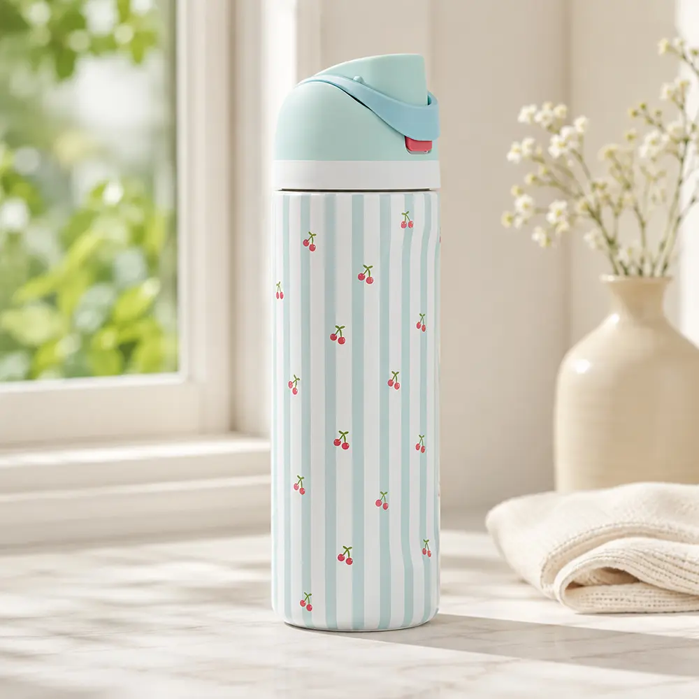 Owala Cute Mint Green Cherry Print Water Bottle with Flip Lid & Straw – Stainless Steel Reusable Travel Bottle for Women, Men & Teens, School, Gym & Daily Use