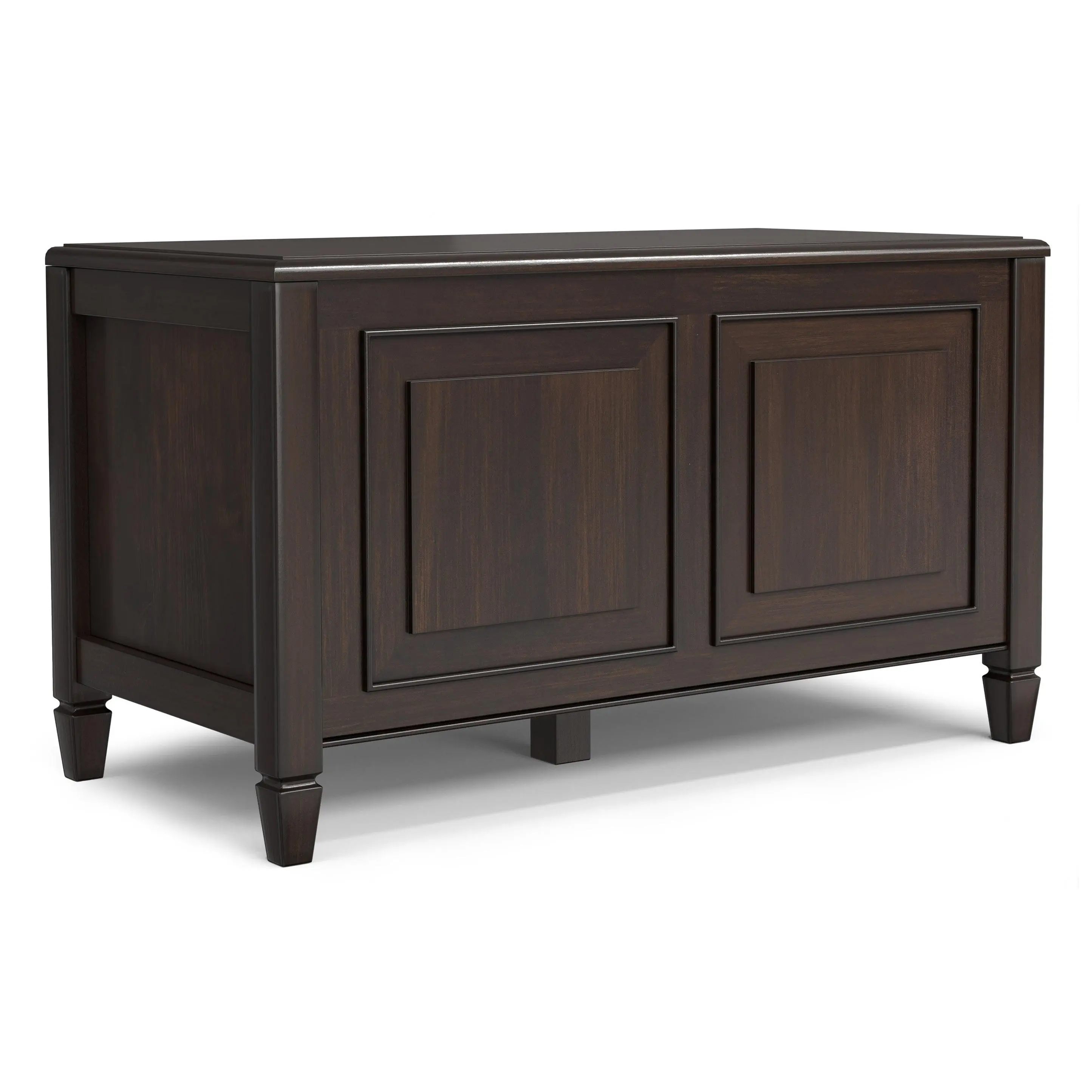 Connaught British Colonial Traditional Solid Wood Small Rectangular Shoe Storage Bench Trunk, 18"d x 36"w x 20.75"h, with Raised Panels, Notched Legs, Child-Safe Hinged Lid, Assembly Required