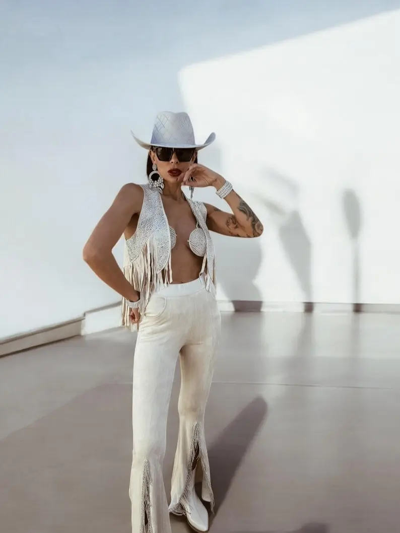 Rhinestone Fringe Western Flare Suede Pants Chaps Fringe Bell Bottom Pants Festival Pants Country Western Cowgirl Outfit for Women's Wear - Womenswear